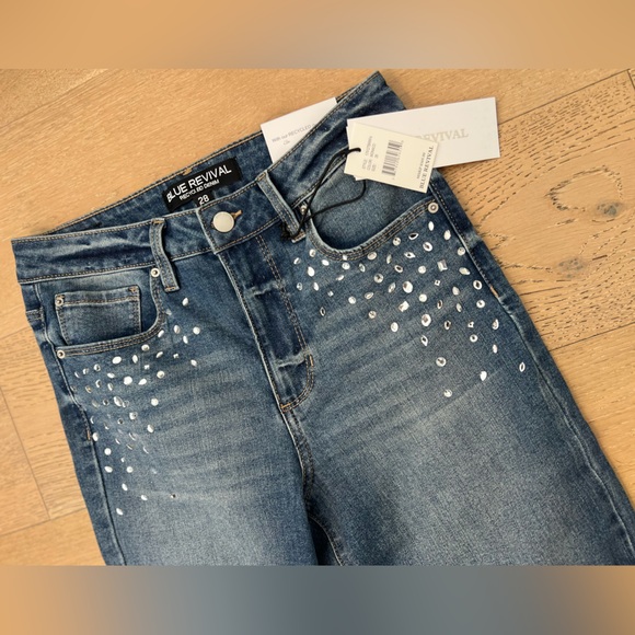 Embellished High-Rise Jeans Washed Denim Rhinestone Straight Jeans - Picture 2 of 11